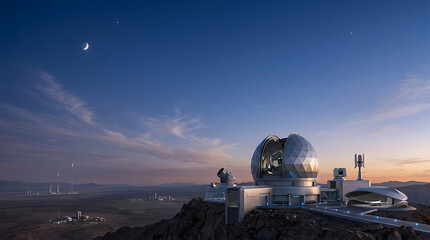 Obraz premium Astronomical observatory on a rocky hilltop at dusk with a large dome telescope