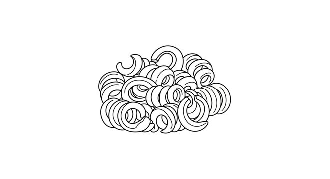 Black and white line art drawing showing heap of curly pasta noodles for coloring book page design.