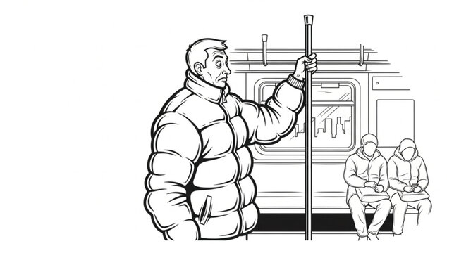Man in puffy jacket holding pole.