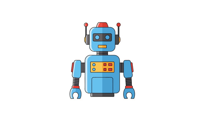 Blue robot icon stylized vector illustration with antennas and wheels on white background.