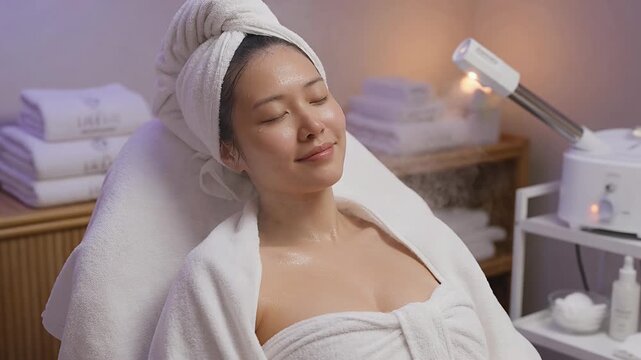 Woman enjoying facial steamer treatment in luxury spa for glowing skin