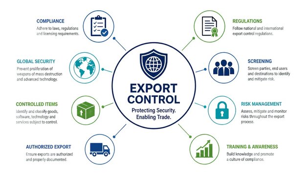 Export control diagram showing essential global trade security compliance steps with icons in a professional and clean business infographic style