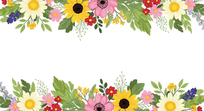 Decorative floral border frame with a variety of colorful wildflowers, sunflowers, and green leaves on a white background.