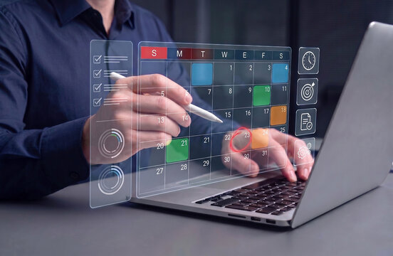 AI scheduling assistant managing smart calendar and task planner interface on laptop for business productivity workflow automation time management digital organization and professional office planning
