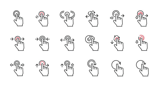 Set of touch screen hand gesture icons showing various actions like tap, swipe, pinch, zoom, and rotate in line art style.
