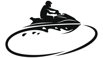Minimalist Jet Ski Vector Illustration, Silhouette of Man Riding Personal Watercraft, Summer Vacation Water Sports and Extreme Adventure Emblem Logo Design Isolated on White Background © Tanver