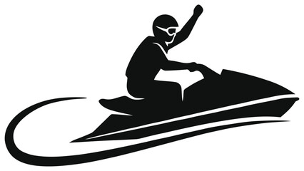 Minimalist Jet Ski Rider Silhouette, Vector Summer Water Sports Icon with Man Riding Personal Watercraft on Waves, Flat Design Isolated Graphic Element © Tanver