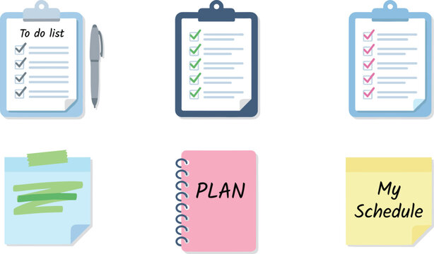 "Organizational planning vector illustration featuring clipboards, sticky notes, spiral notebook, checklists, and colorful productivity tools"