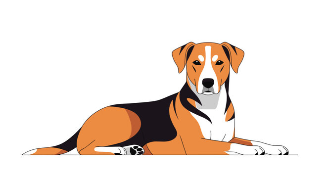 Detailed illustration of beagle dog lying down with calm expression isolated on plain white background.