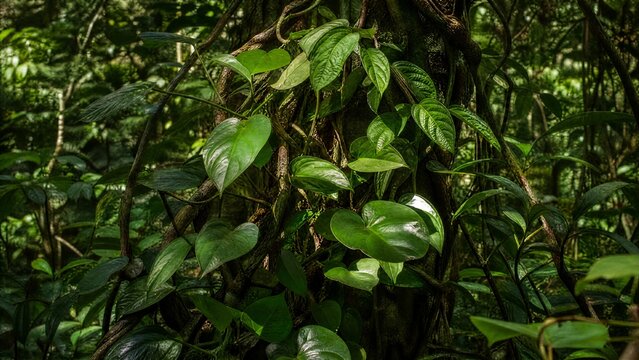 Two rainforest vines, ayahuasca and chacruna leaves, intertwined and growing together in dappled sunlight.