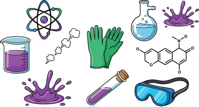Chemistry laboratory equipment vector set with colorful glass beakers atom model formula and safety gear