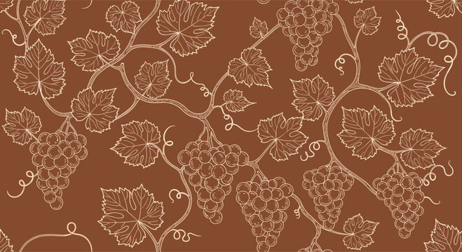 Seamless pattern of grape bunches and vines with leaves hand drawn in white line art over a solid brown background for wine labels.