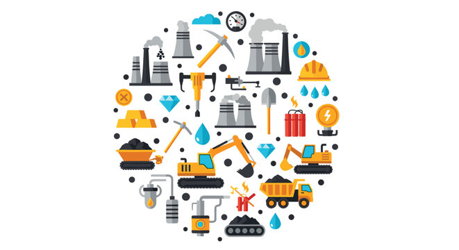 Circular arrangement of mining industry icons featuring excavators trucks factories tools and mineral resources.