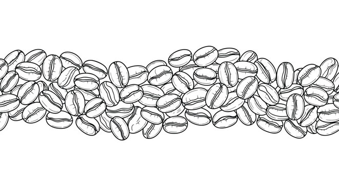 Seamless horizontal border of hand drawn roasted coffee beans in a detailed black and white line art engraving style.