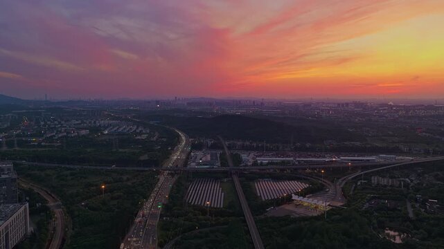 Aerial photography of urban landscapes and city skylines at sunset.
