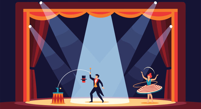 Skilled magician performs impressive hat trick on theater stage accompanied by graceful assistant under bright spotlights.