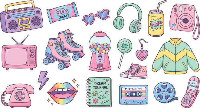 "Retro nostalgia vector illustration featuring cassette tape, boombox, Game Boy, Rubik&rsquo;s cube, roller skates, and vintage items"