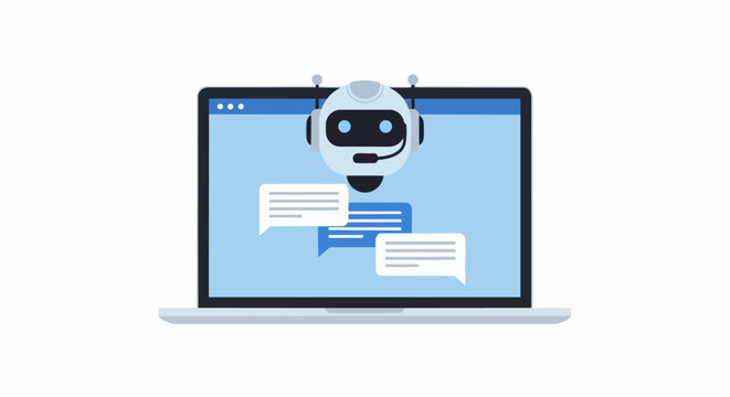 AI Chatbot Assistant on Laptop Screen with Speech Bubbles - Flat Vector Illustration for Automated Customer Support