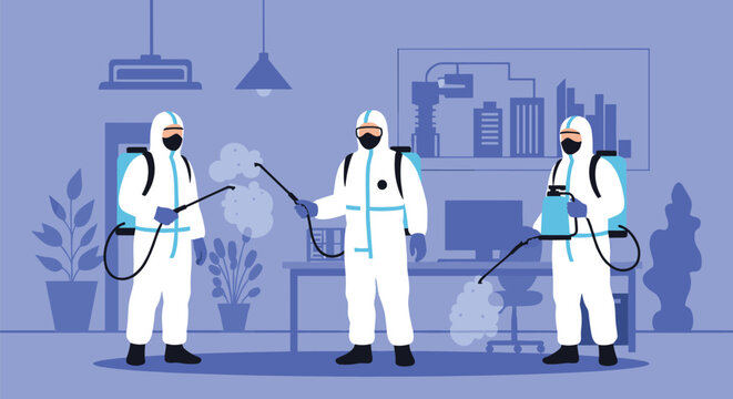 Team of workers in full white hazmat suits and masks perform thorough disinfection service in modern office environment.