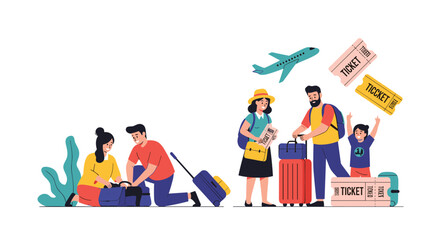 Fototapeta premium Travel set showing couple packing suitcase and happy family ready for vacation with luggage, airplane, and tickets.