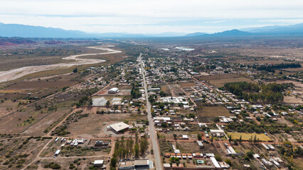 Obraz premium Aerial view of Villa Union town in Bermejo valley, La Rioja, Argentina.