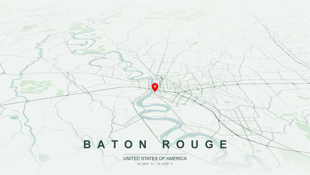 Modern minimalist vector map of Baton Rouge, Louisiana, USA. High-quality scalable illustration of Baton Rouge city grid, Mississippi River waterfront contours for posters design.
