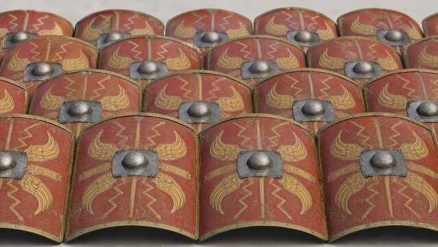 A repeating pattern of Roman shields forming a defensive wall.