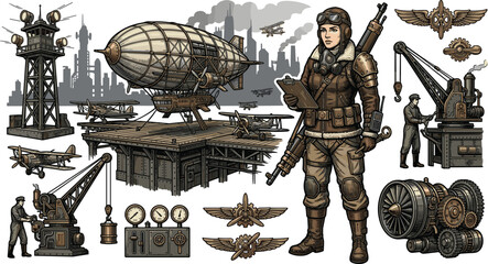 Dieselpunk aviation vector element set featuring military zeppelin airship female pilot character hangar cranes  © Sukhi