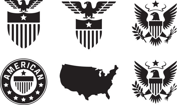 Eagle shield and american flag vector icons set