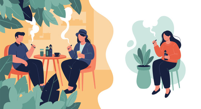 Group of people using electronic cigarettes or vapes in social and individual settings, reflecting modern smoking alternatives and lifestyles.