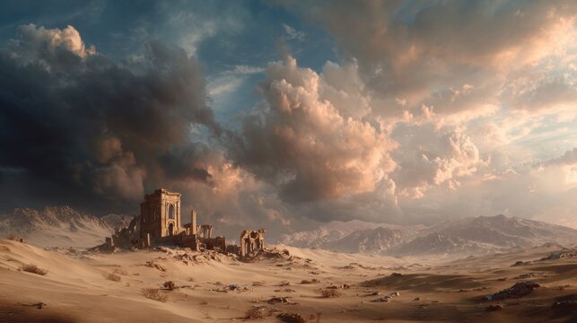 Ancient ruins stand weathered and solitary against a dramatic, cloud-filled desert sky, evoking a sense of history and desolation