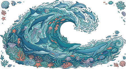 Ocean wave vector element set featuring marine life with humpback whales dolphins manta rays coral reef fish jellyfish sea turtles and aquatic nature designs © Sukhi