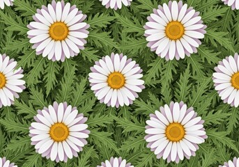 Obraz premium Seamless pattern with white daisy flowers and green leaves on a dark background for floral fabric design