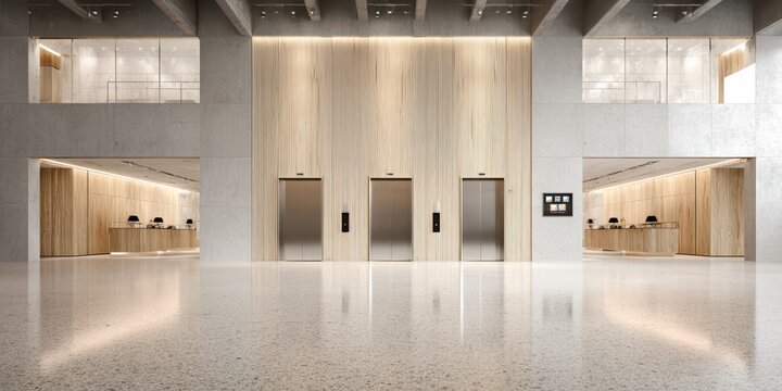 A modern office lobby features three sleek elevators and two wood-accented reception desks. The minimalist design exudes luxury, professionalism, and contemporary style.