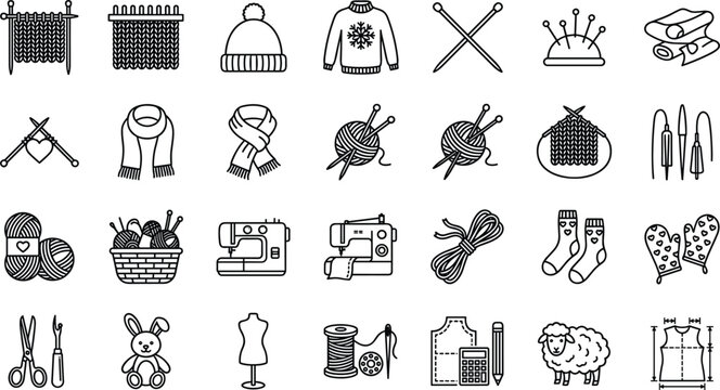Knitting and sewing craft line icon set representing handmade yarn tailoring needlework textile hobby and apparel tools