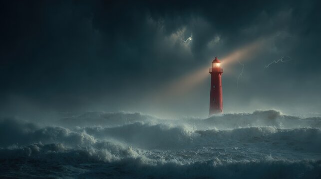 Stormy ocean waves crashing around a solitary red lighthouse emitting a strong beam of light beneath dark thunderclouds and distant lightning flashes at night