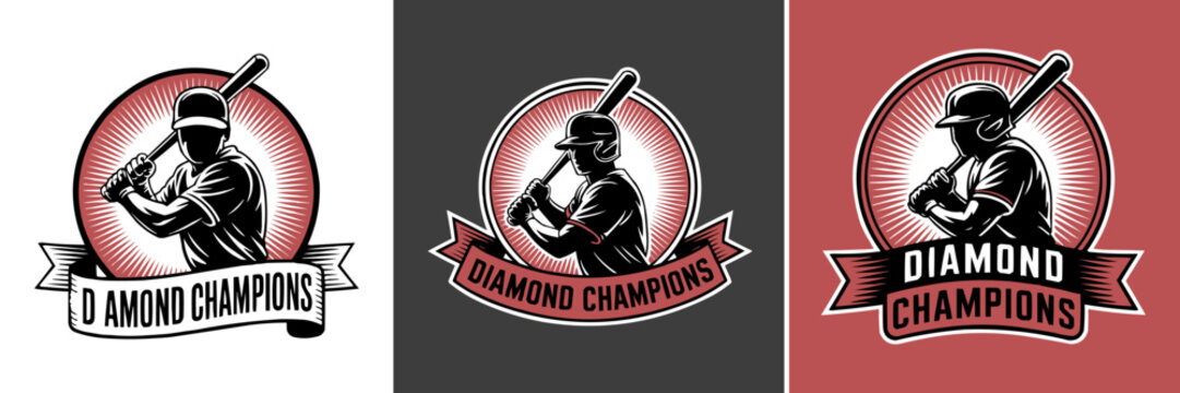 Vintage style baseball player emblems featuring retro diamond champions text logos