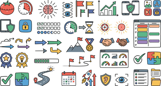 Time management and business productivity doodle icon set featuring pomodoro tomato technique, brain storming, workflow calendars, project milestones, progress charts and strategy arrows