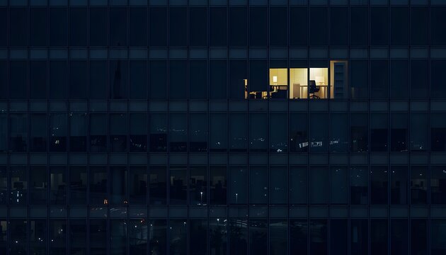A modern glass office building facade photographed from outside at night showing one single illuminated room amidst dark windows