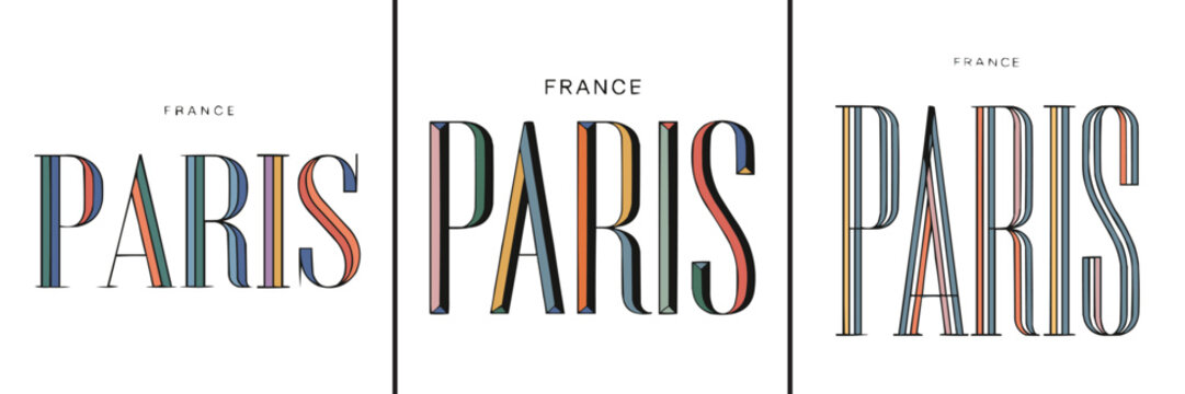 Three variations of colorful Paris typography design on white background