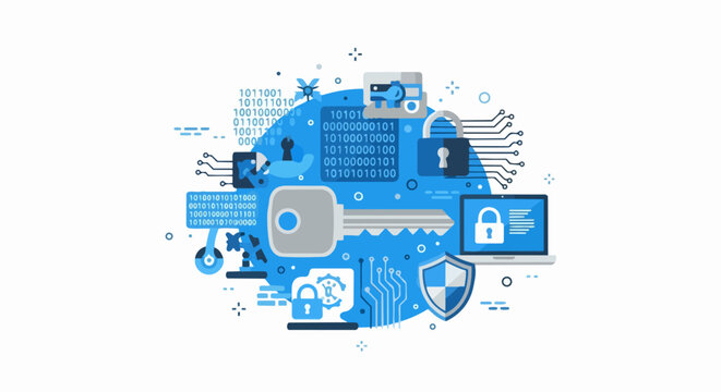 Cybersecurity and Data Protection Illustration Concept featuring Encryption Key, Padlock, Shield, and Binary Code for Digital Information Security