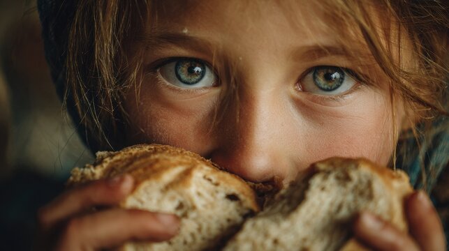 Portrait of a child with expressive blue eyes holding and smelling freshly baked rustic bread in natural warm light setting