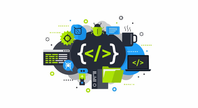 Software Development and Web Programming Concept Illustration with Coding Icons, Debugging Bug, Laptop, and Server