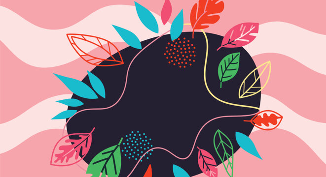 Colorful abstract composition of various leaves in many shades is arranged around a dark circular shape on a pink background.