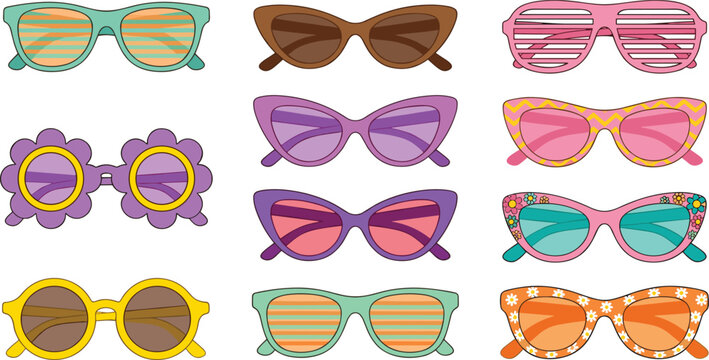 "Colorful sunglasses vector illustration featuring cat‑eye, round, flower‑shaped, shutter style, and playful decorative eyewear designs"