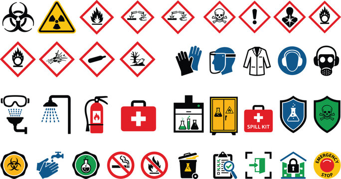 Chemical hazard warning signs and laboratory safety equipment vector icon set featuring GHS hazard pictograms, protective gear symbols, fire extinguisher and first aid elements