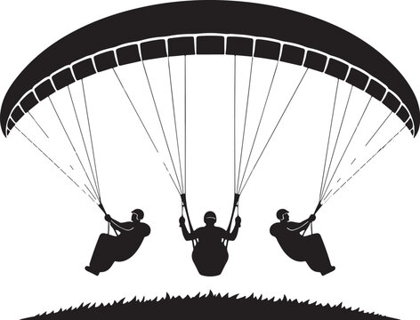 Black and white vector illustration showing three paragliders soaring together under a large parachute canopy design