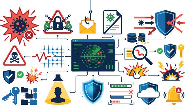 Cyber security and data protection vector icon set featuring network virus threats, phishing email hooks, malware radar scans, firewall shields and system alert symbols
