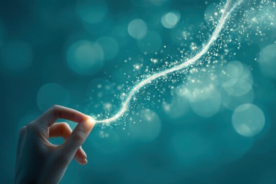 A hand gently holding a glowing trail of sparkling particles creating a magical mystical effect on a blue blurred background with soft bokeh lights