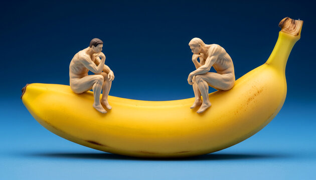 Two small, detailed sculpture figures resembling Rodin's Thinker statue, placed on opposite ends of a perfect yellow banana, sitting in deep thought against a solid blue studio background
